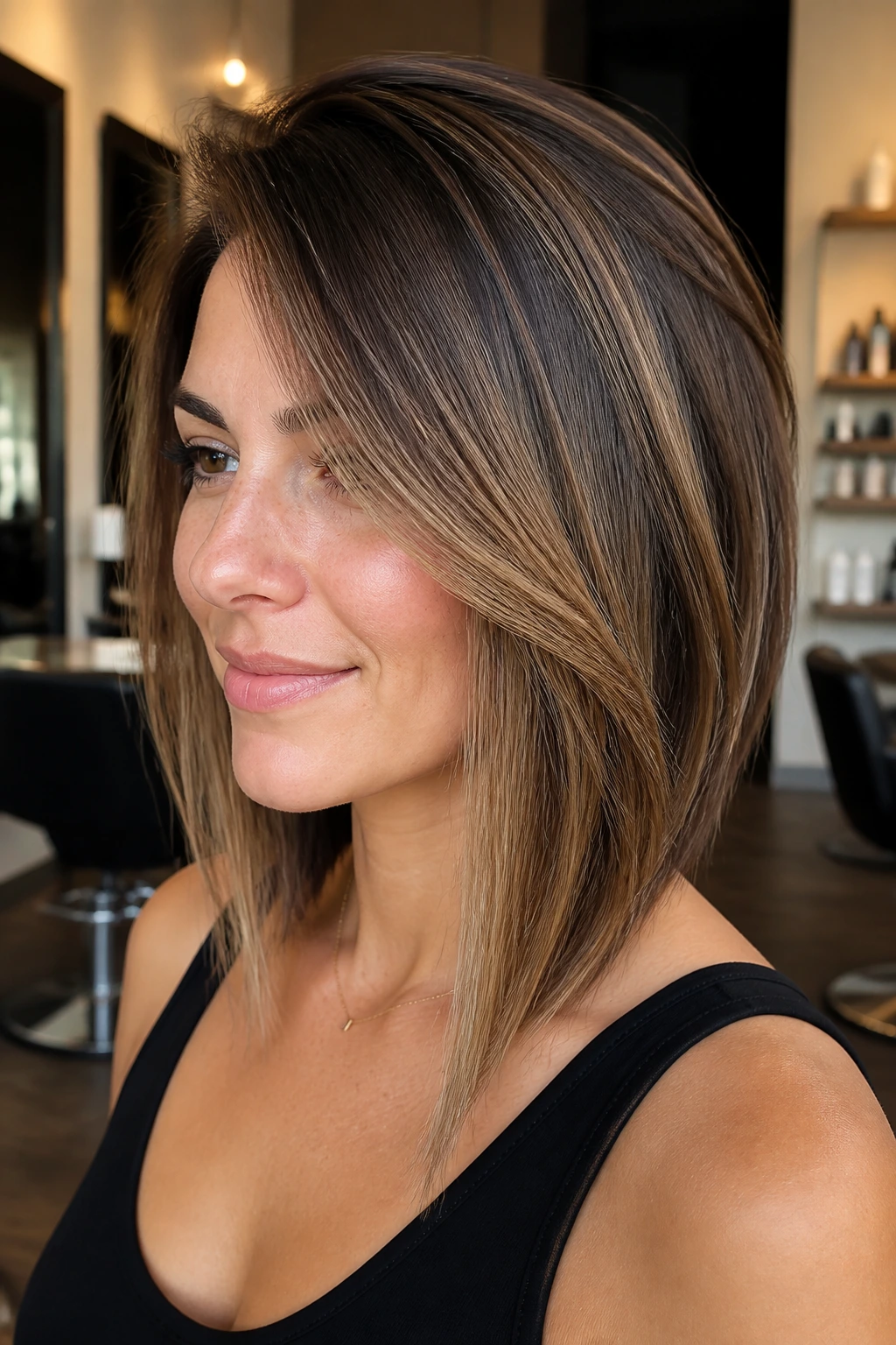 Close-up portrait of a woman with an inverted lob and longer front pieces.