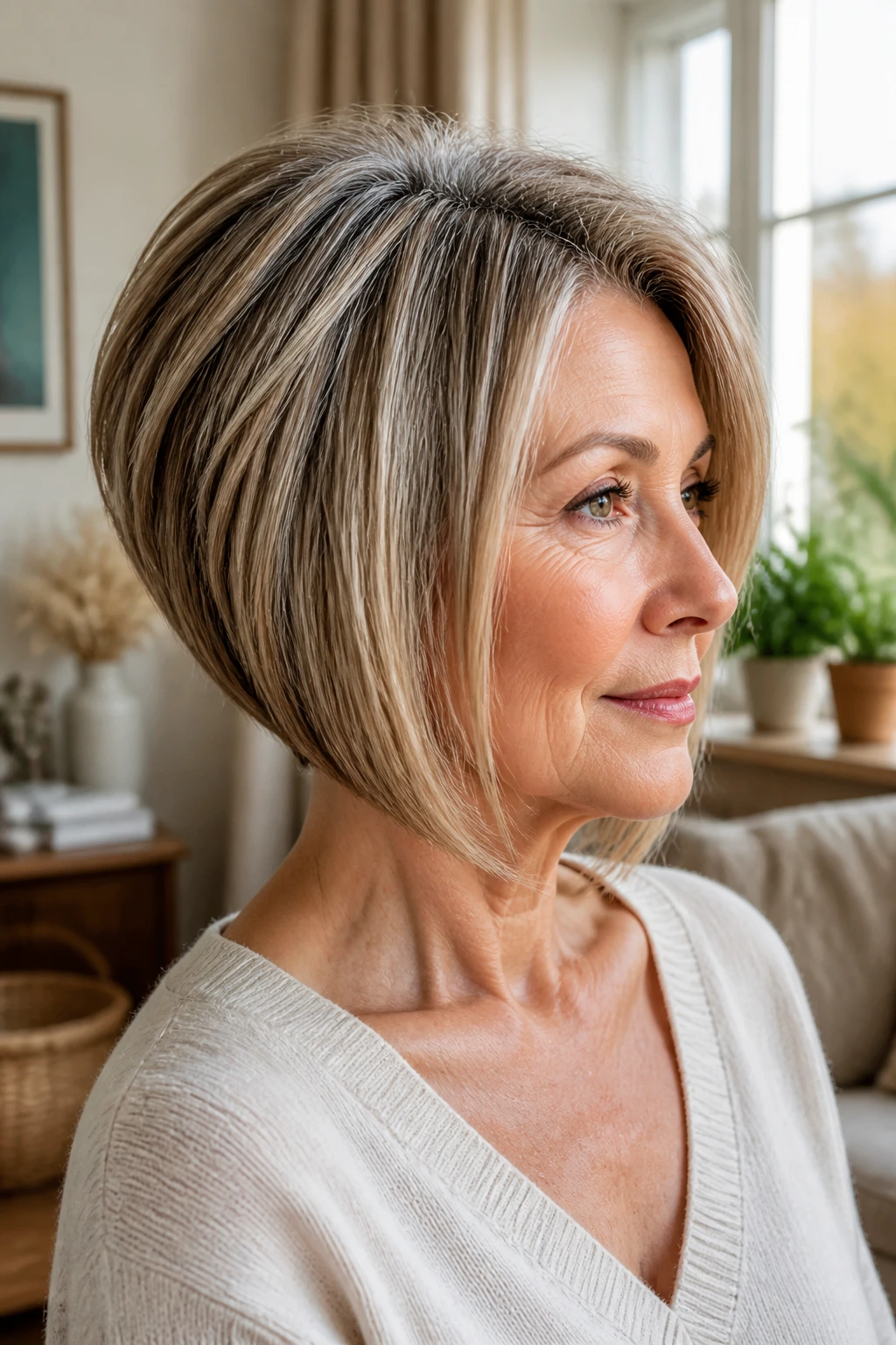 Close-up of an older woman's inverted lob hairstyle with tapered back in a sunlit living room