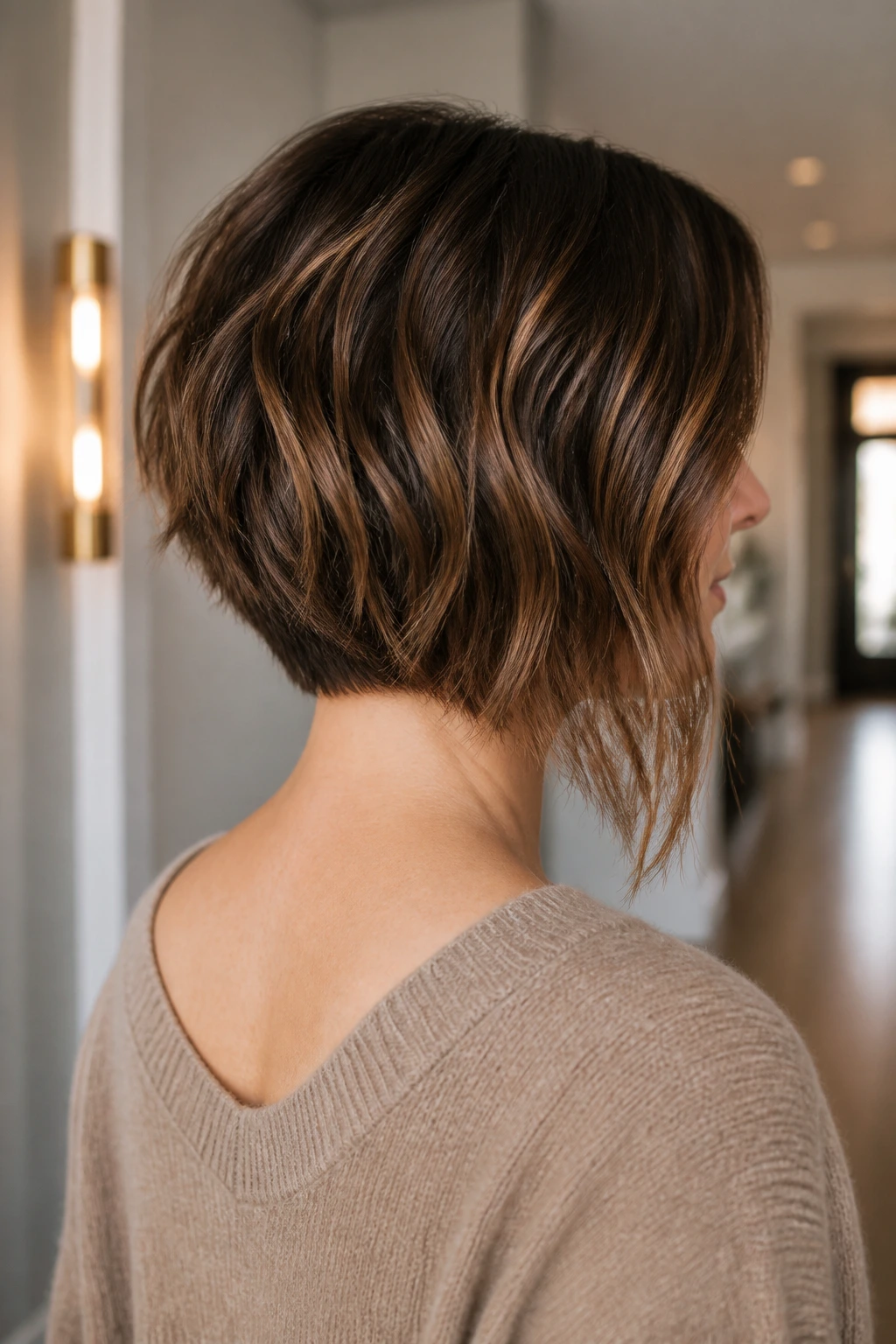 Three-quarter back view of a real woman with inverted lob and tapered nape