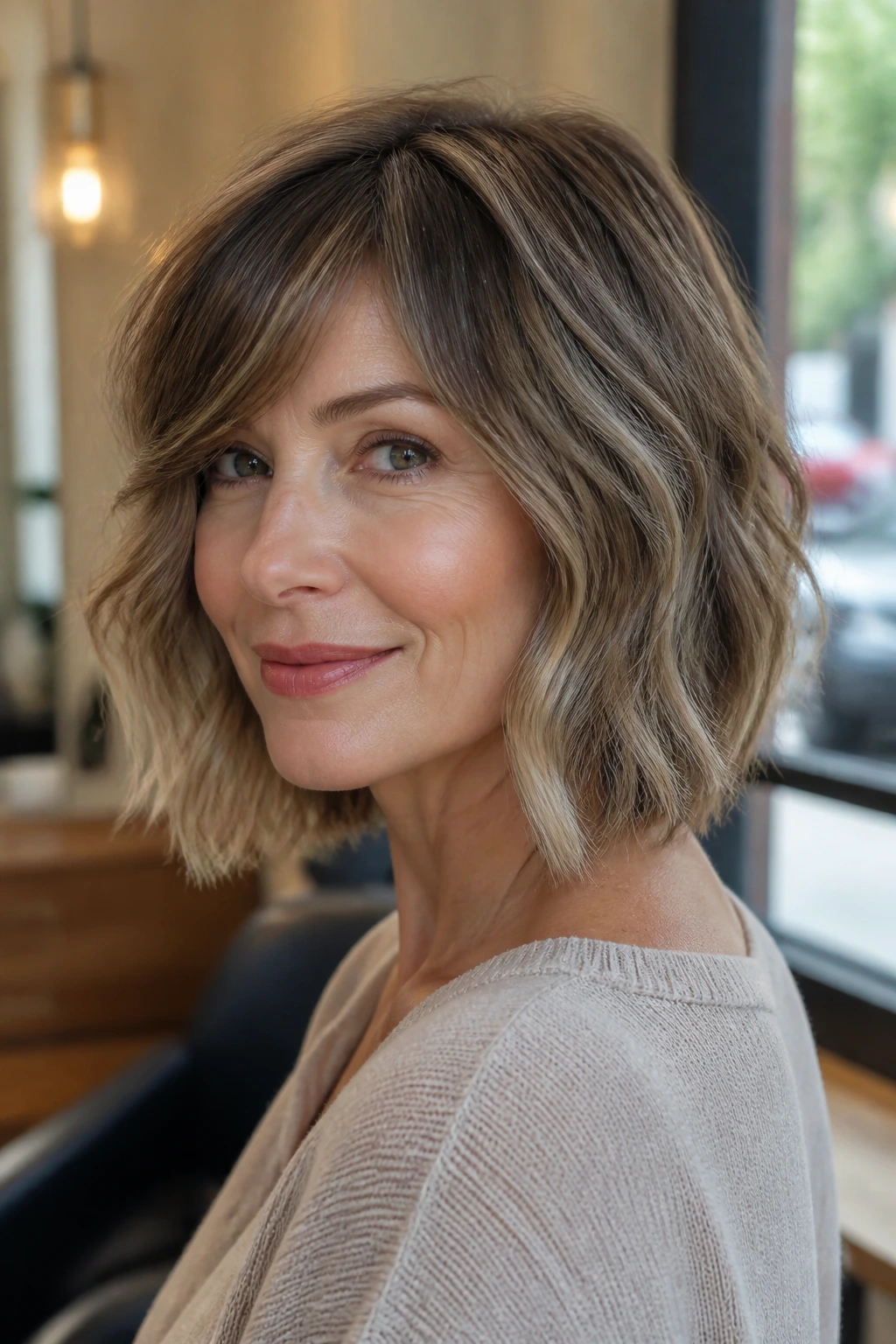 Close-up portrait of a real woman with soft inverted lob and side-swept bangs, movement at the back