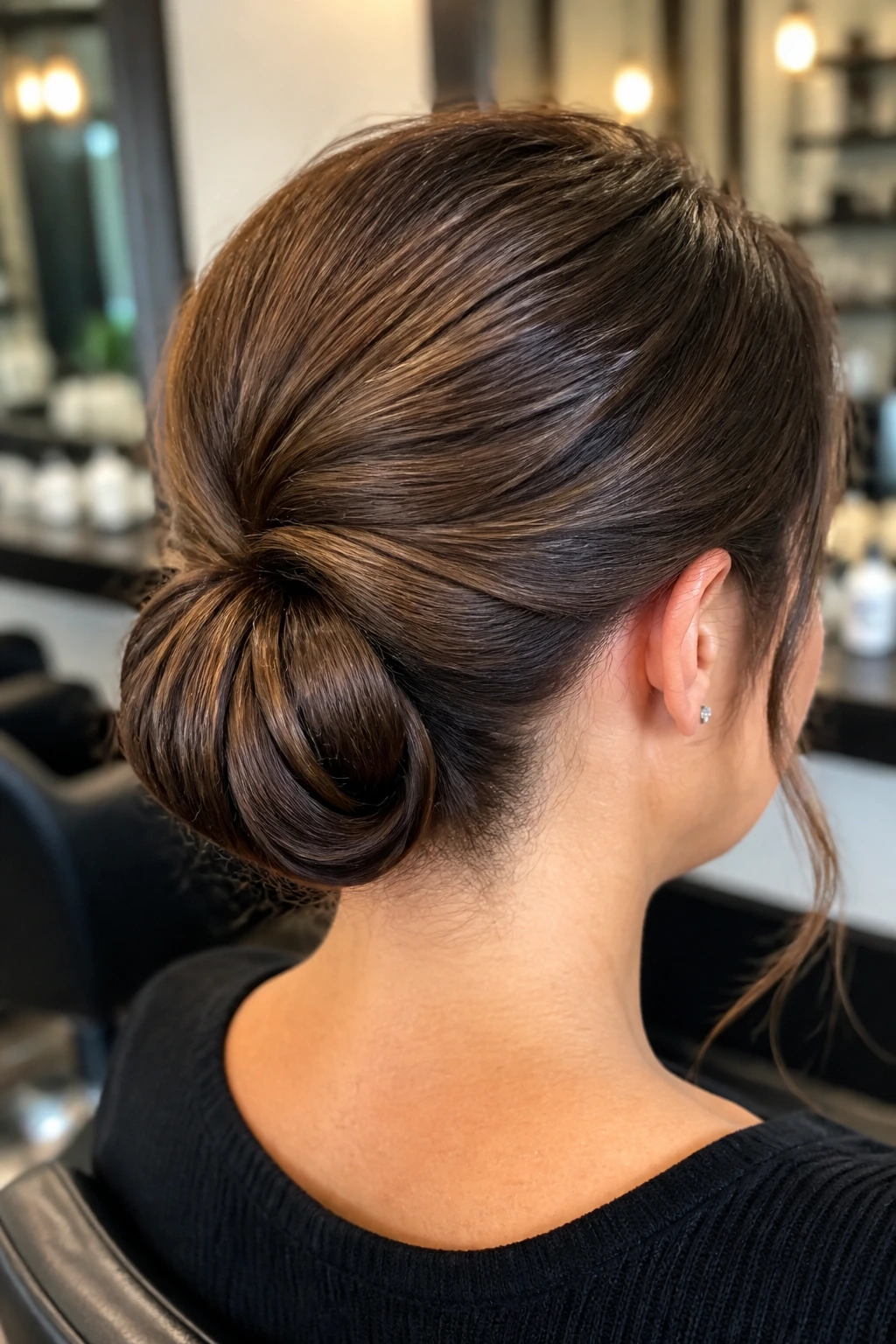 Back/side profile of a woman with an inverted ponytail bun at the nape