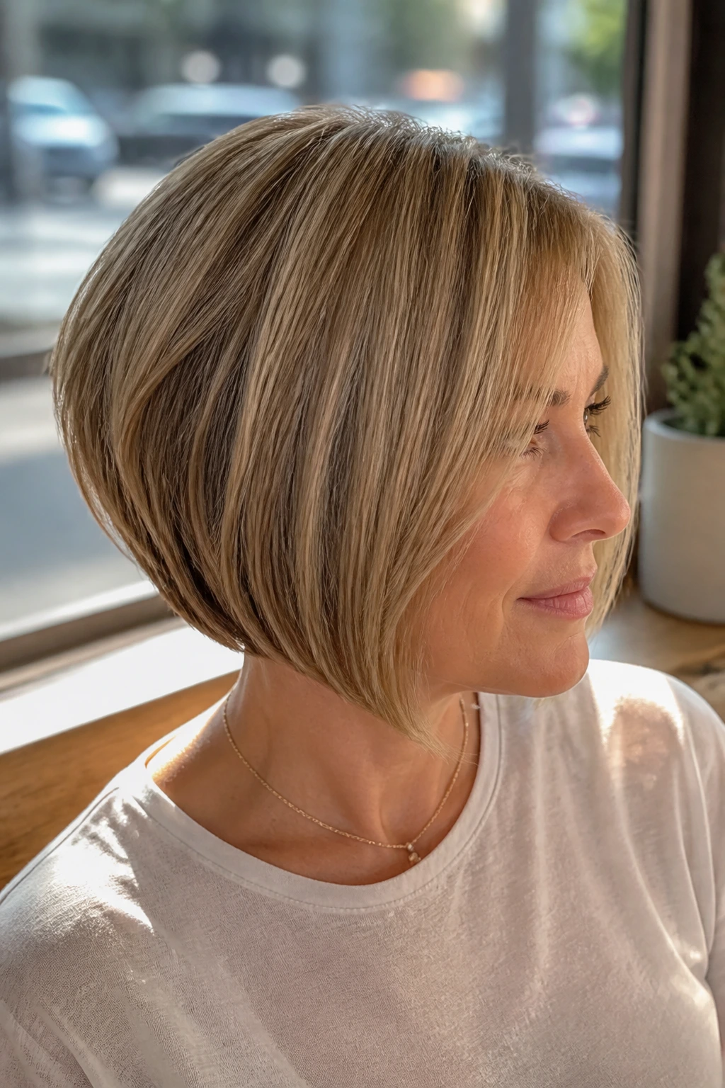 Close-up of a real woman with inverted round bob in sunlit cafe setting