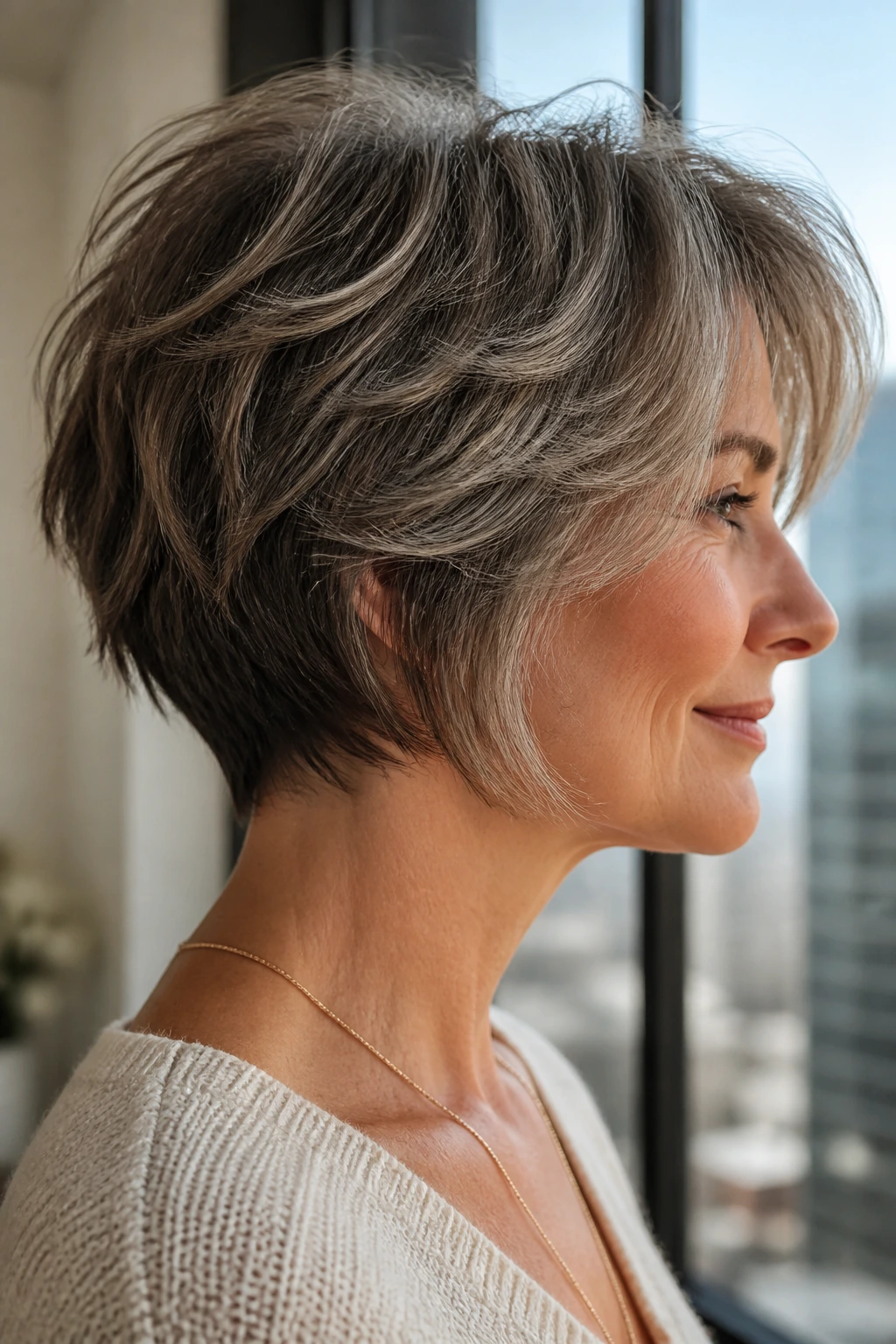 Close-up profile of a woman with inverted shag bob and nape lift
