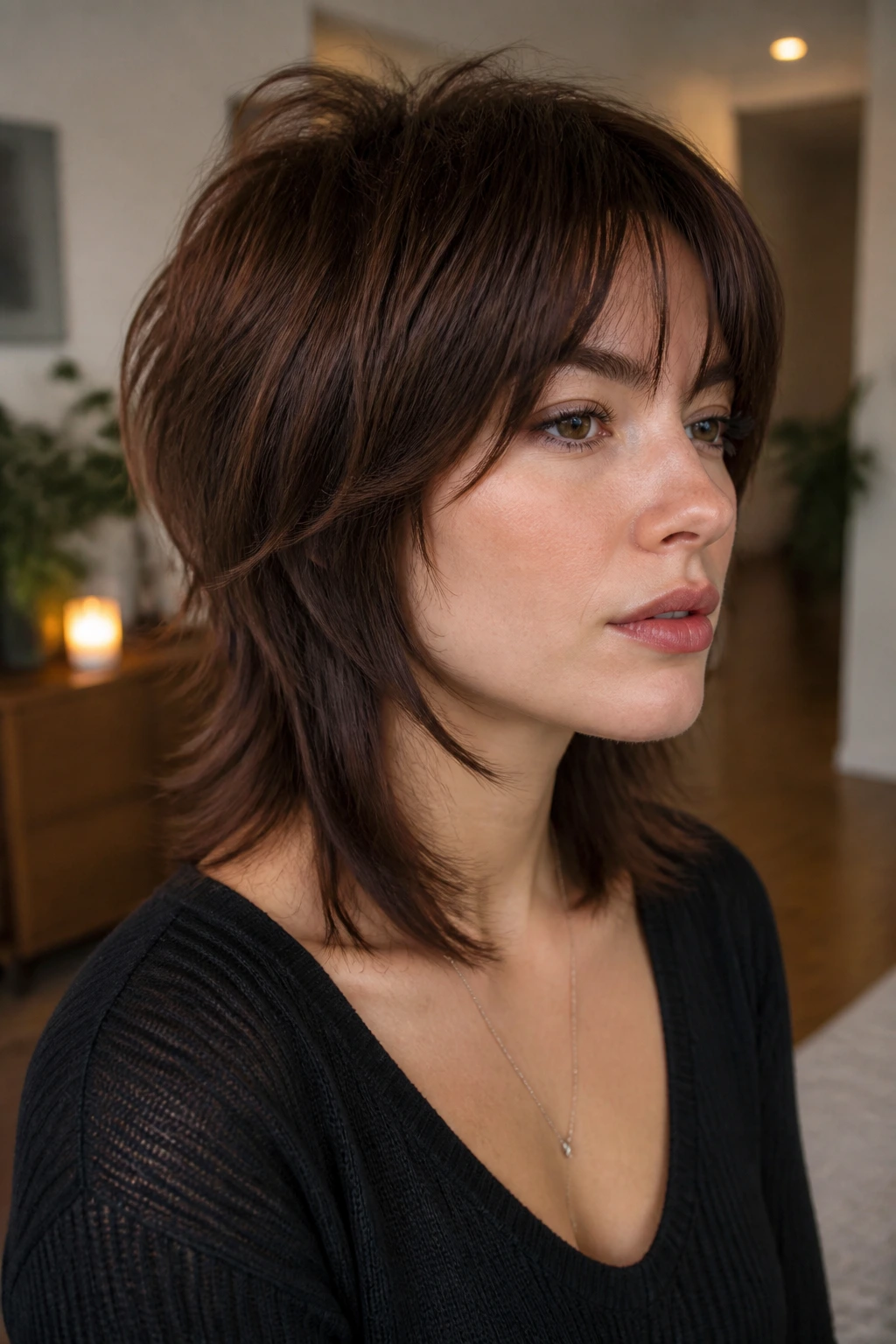 Portrait of a real woman with inverted shag and lifted back.