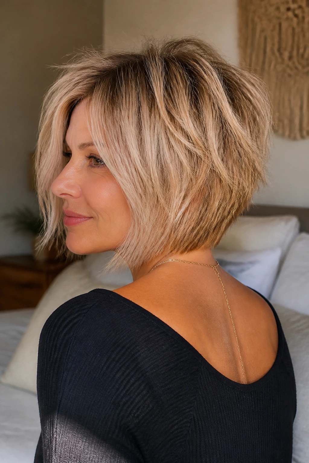 Portrait of a real woman with an inverted shaggy bob showing the airy back.
