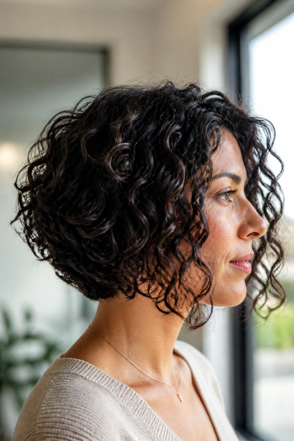 Close-up of a real person showing an inverted shape with stacked back and longer front curls