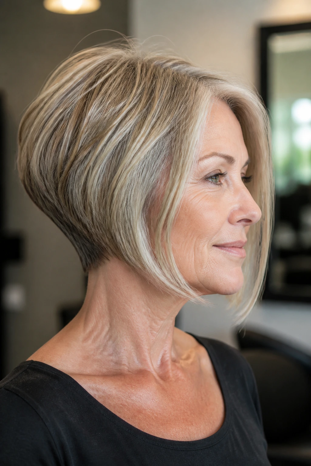 Close-up of a real woman with inverted shape hairstyle showing shorter back and longer front