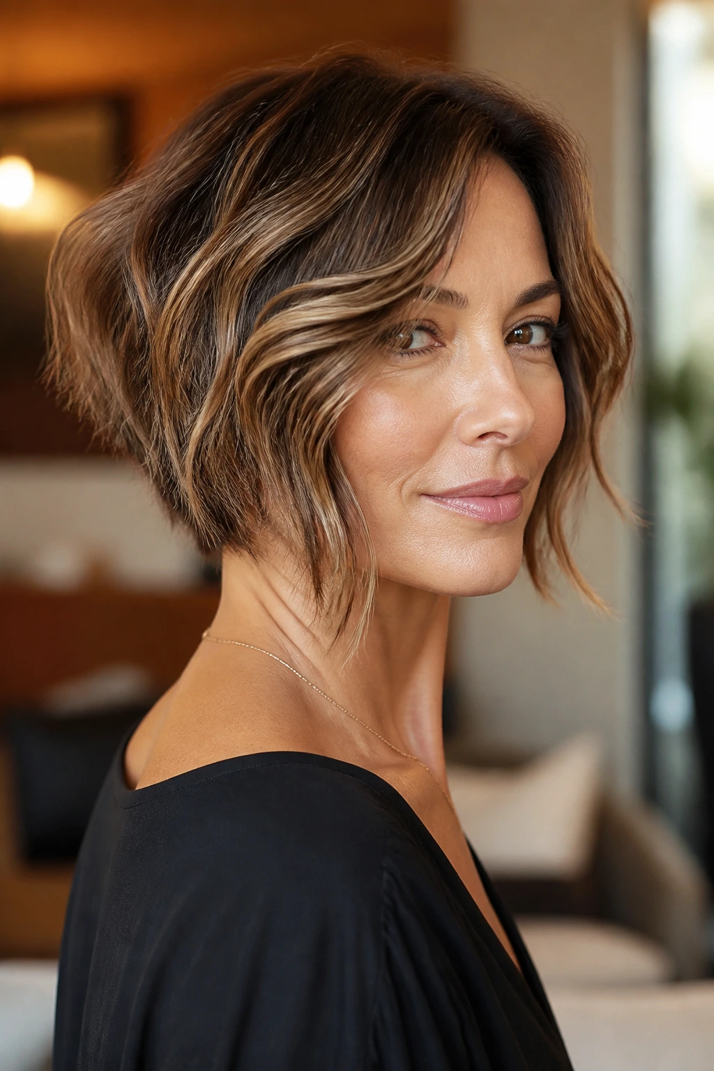 Close-up of a real person showing an inverted shape hairstyle on wavy hair