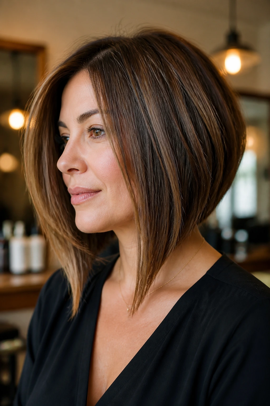 Portrait showing inverted shape silhouette flattering a round face
