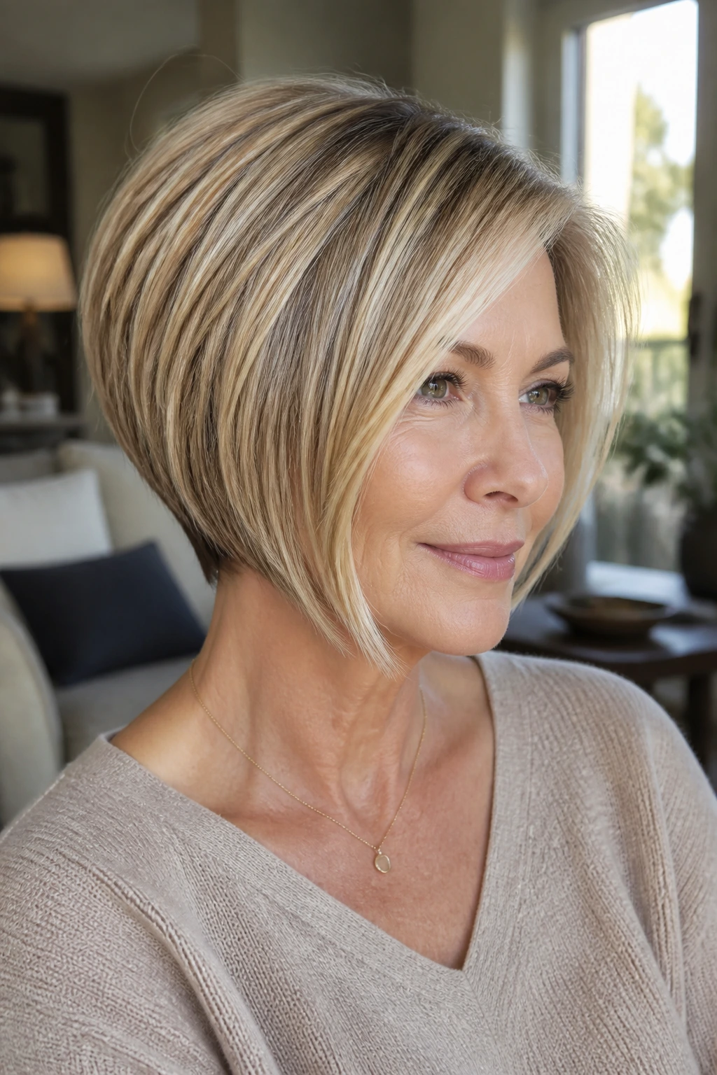 Close-up of a real woman with an inverted short bob showing stacked back and angled front