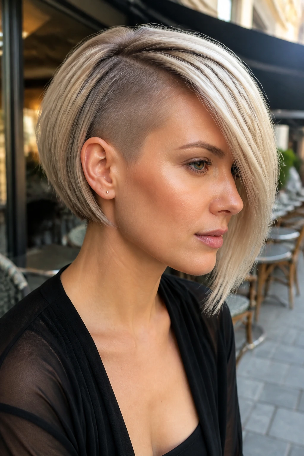 Portrait of a real woman with Inverted Side-Swept Bob showing diagonal line