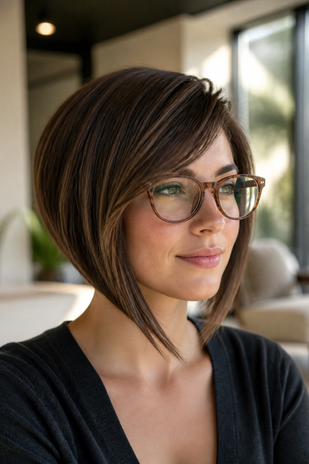 Real woman with inverted bob and longer front edge in sunlit interior