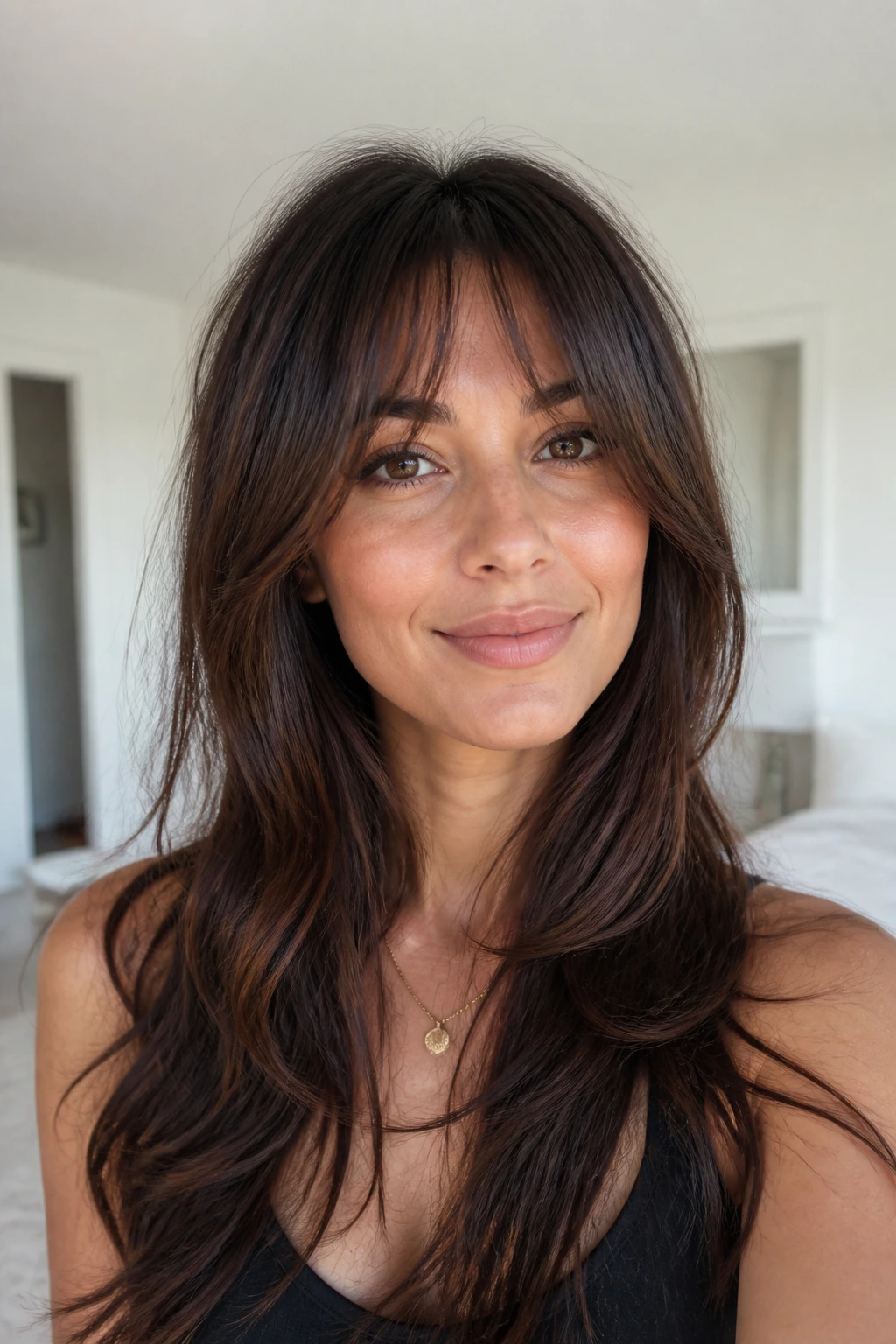 Close-up portrait of a real woman with invisible bangs blending into hair under soft daylight