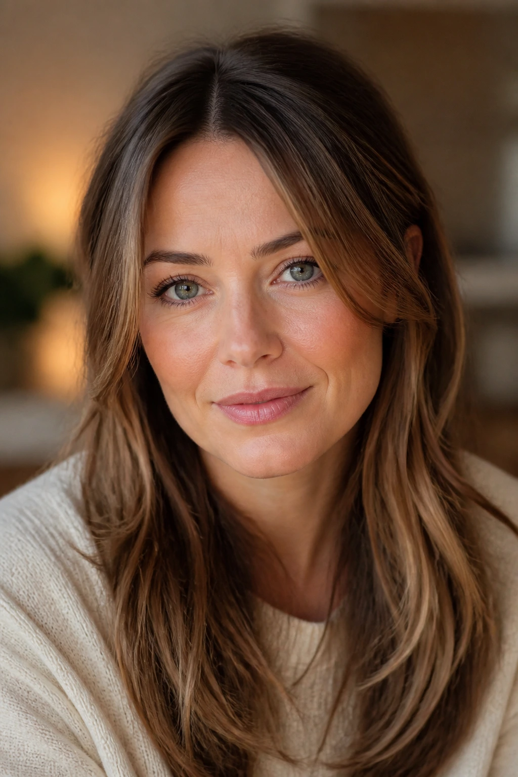 Close-up of a real woman with front layers blending into the rest of the hair
