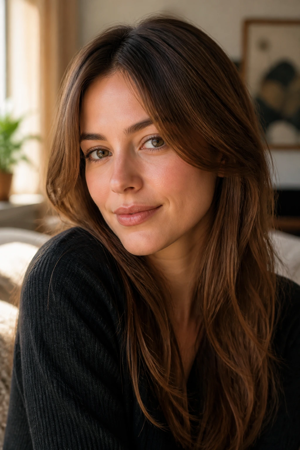 Close-up of a real woman with invisible bangs blending into sides