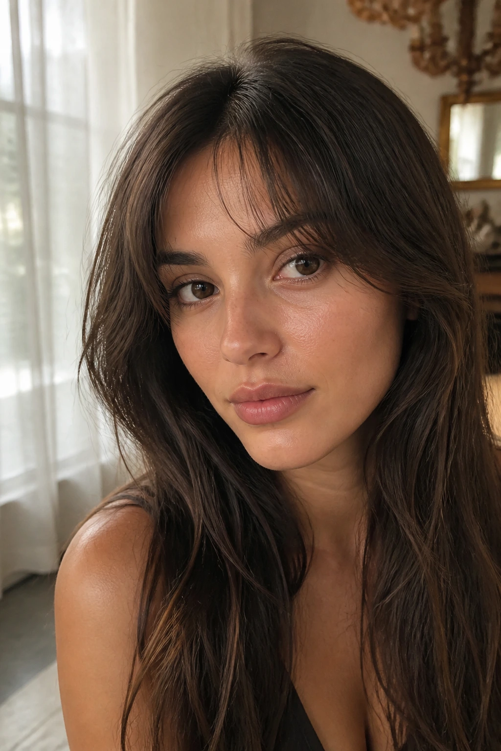 Close-up portrait of a person with invisible bangs blending into hairline in warm daylight