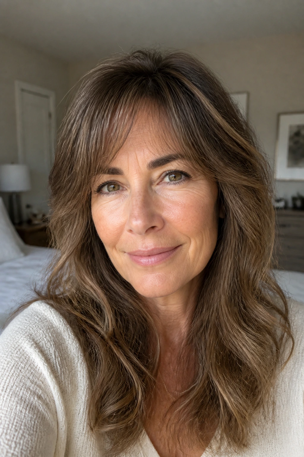 Close-up of a real woman with invisible bangs blending into hair