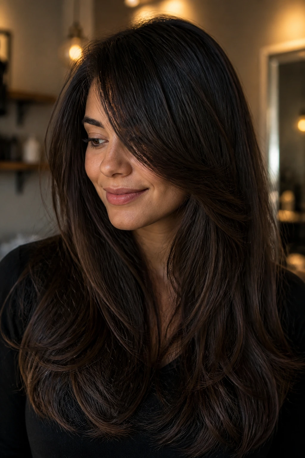 Close-up of a real woman with invisible debulked length hairstyle and connected side fringe