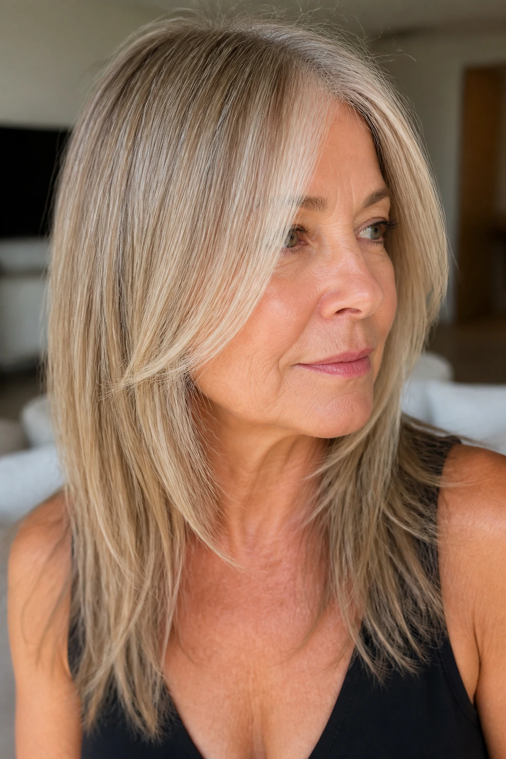 Close-up of a real woman with fine hair showing invisible face-framing layers