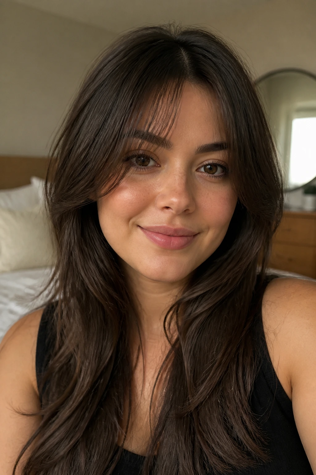 Close-up portrait of a real woman showing invisible face-framing layers with diagonal front pieces.