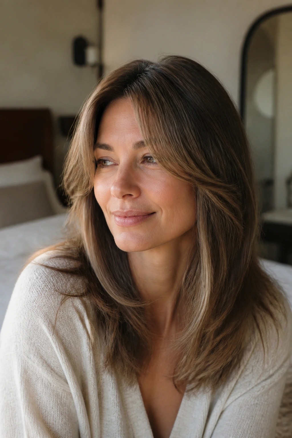 Close-up of a woman with invisible fringe blending into face frame in a bedroom