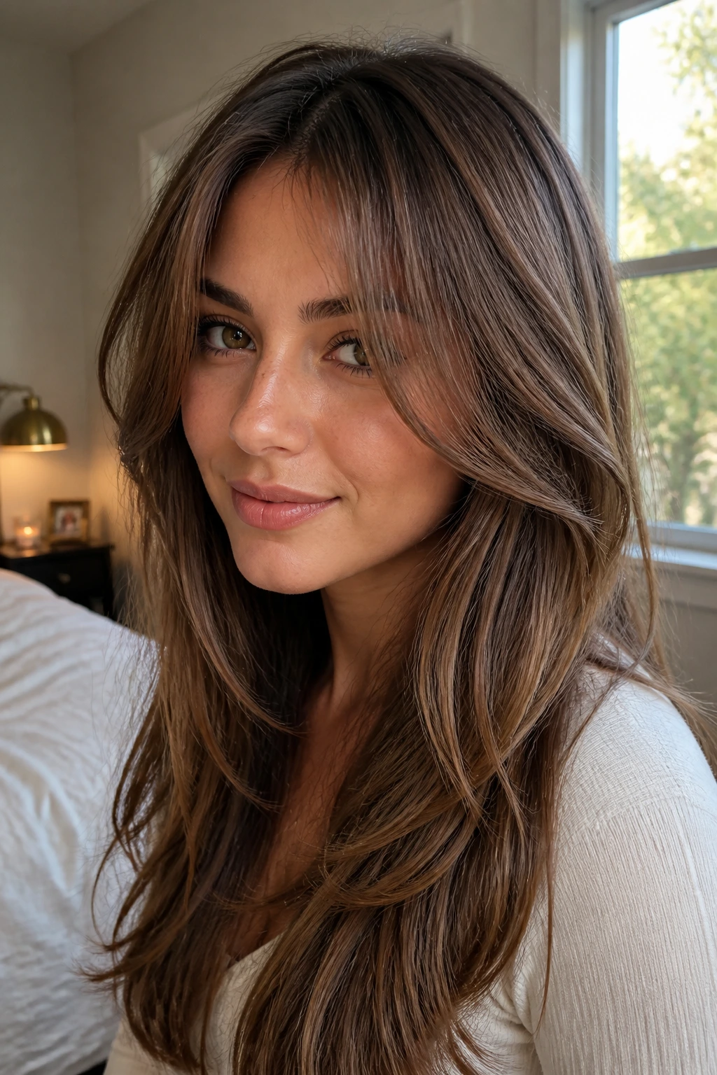 Close-up of a real woman with an invisible fringe blending into front layers