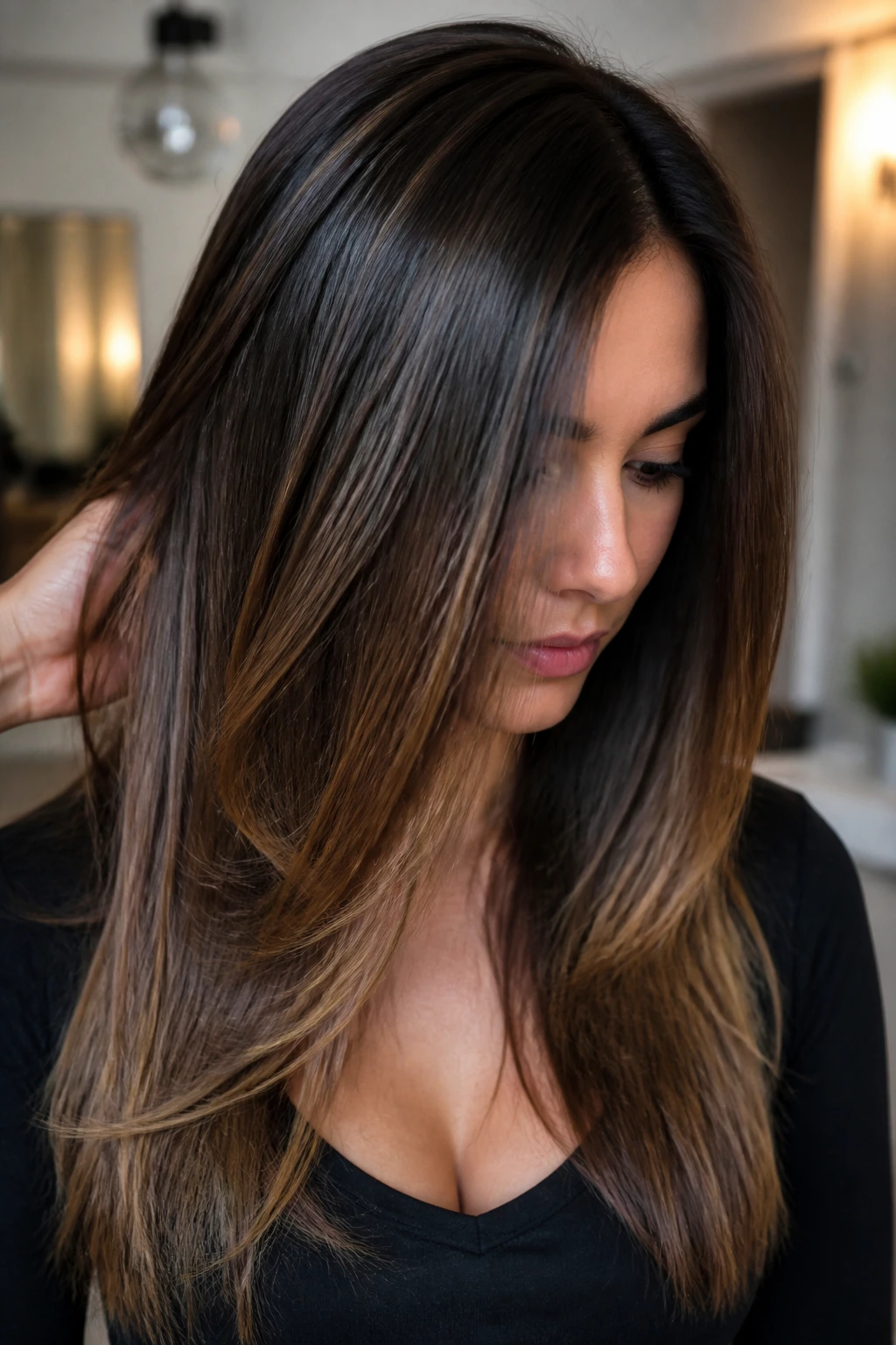 Close-up of invisible interior layers with caramel ribbons on a real woman
