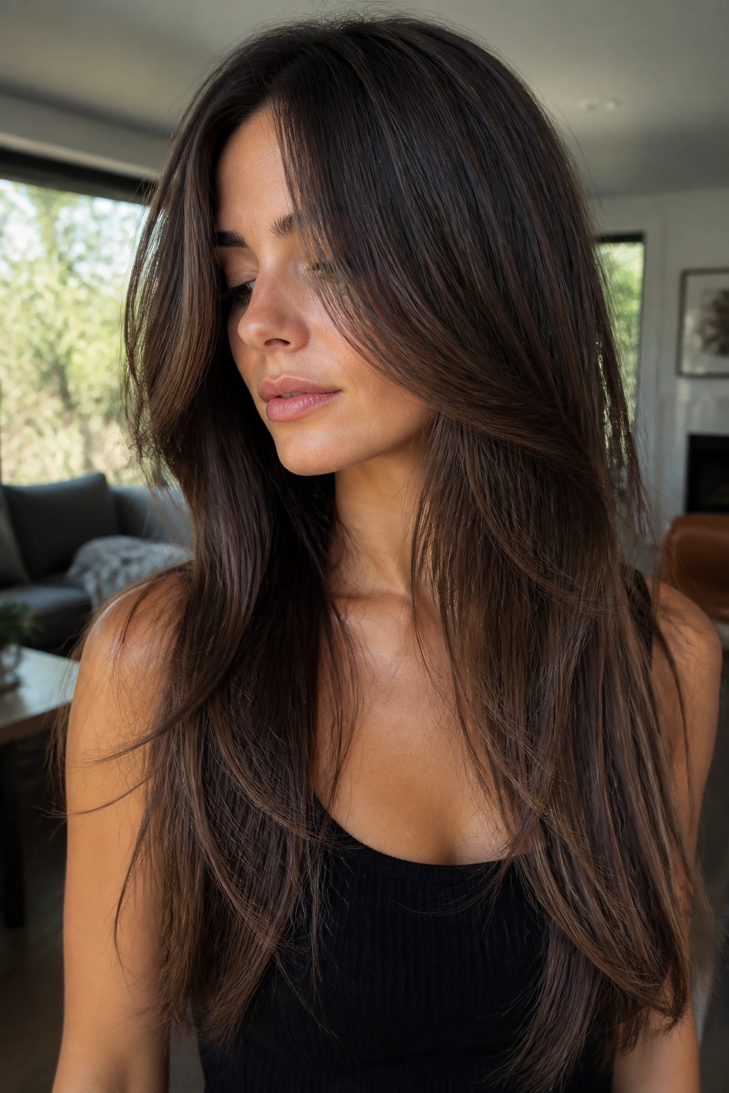 Subtle interior layers visible as movement in long straight hair on real woman