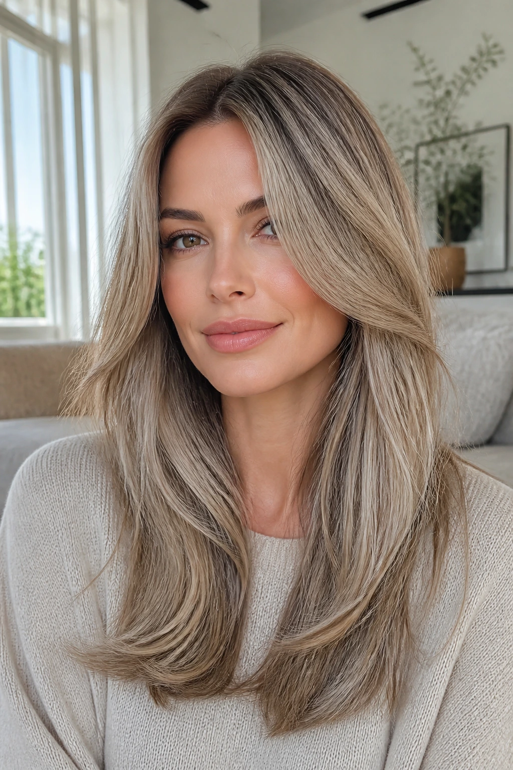 Close-up of a real woman with invisible internal layers and ash beige dimension
