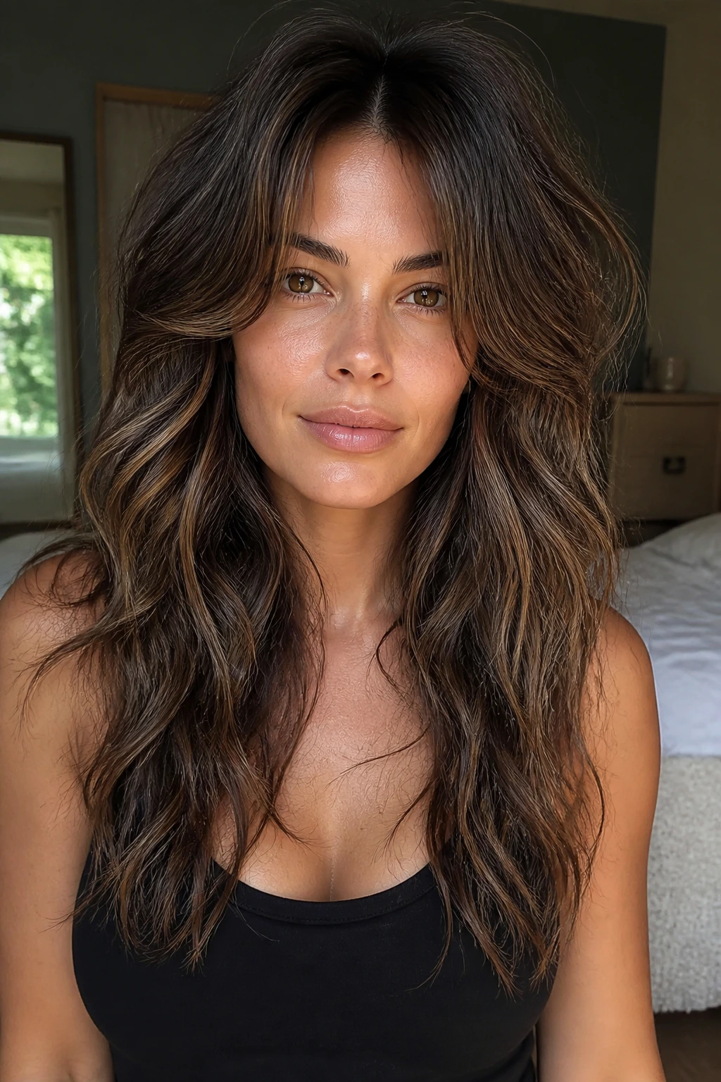 Close-up of a real woman showing subtle interior layers in dense hair.