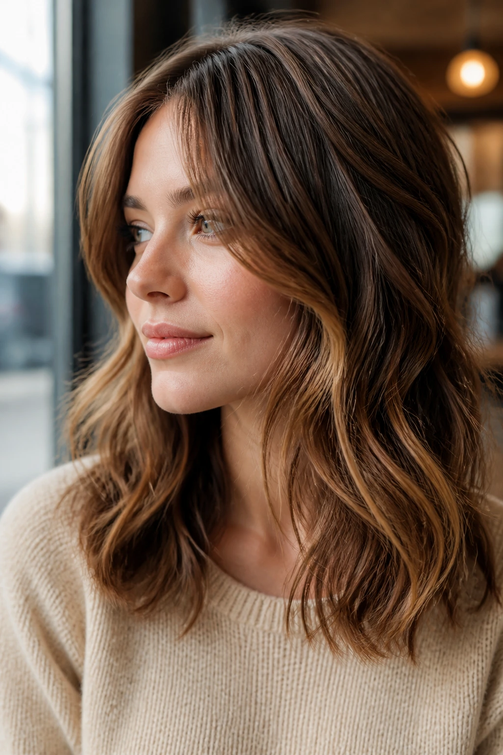 Invisible internal layers for fine waves hairstyle on real woman, close-up portrait