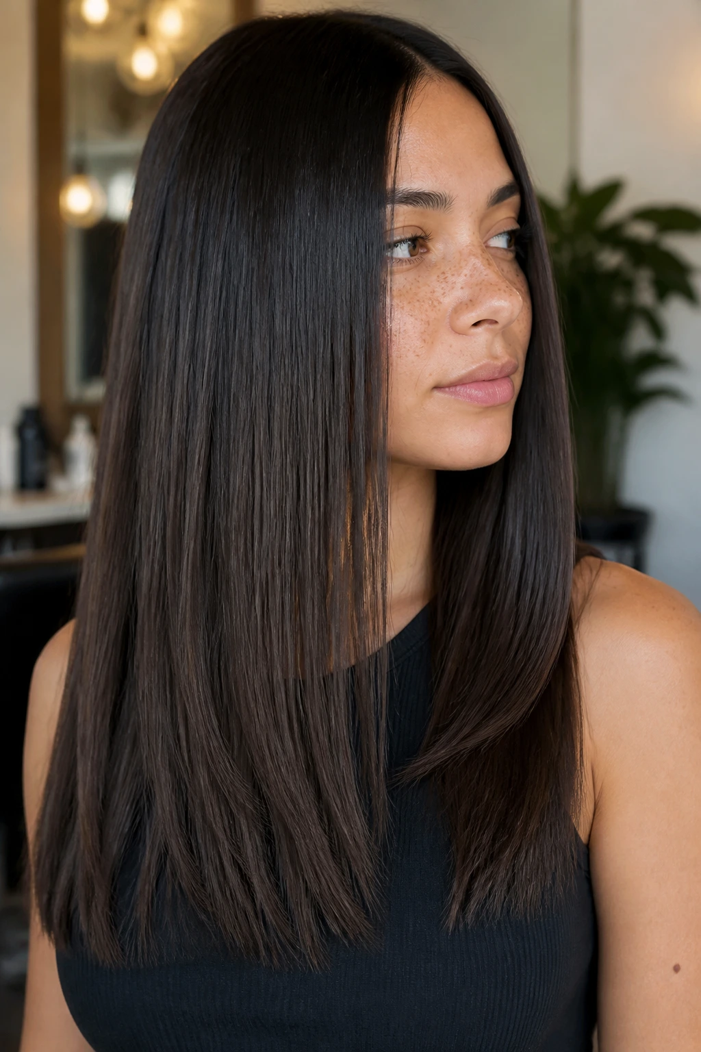 Portrait of a real woman with invisible internal layers in heavy straight hair