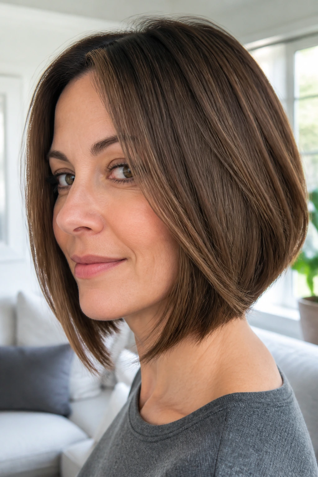 Real woman with an invisible-layer A-line bob showing subtle interior movement.