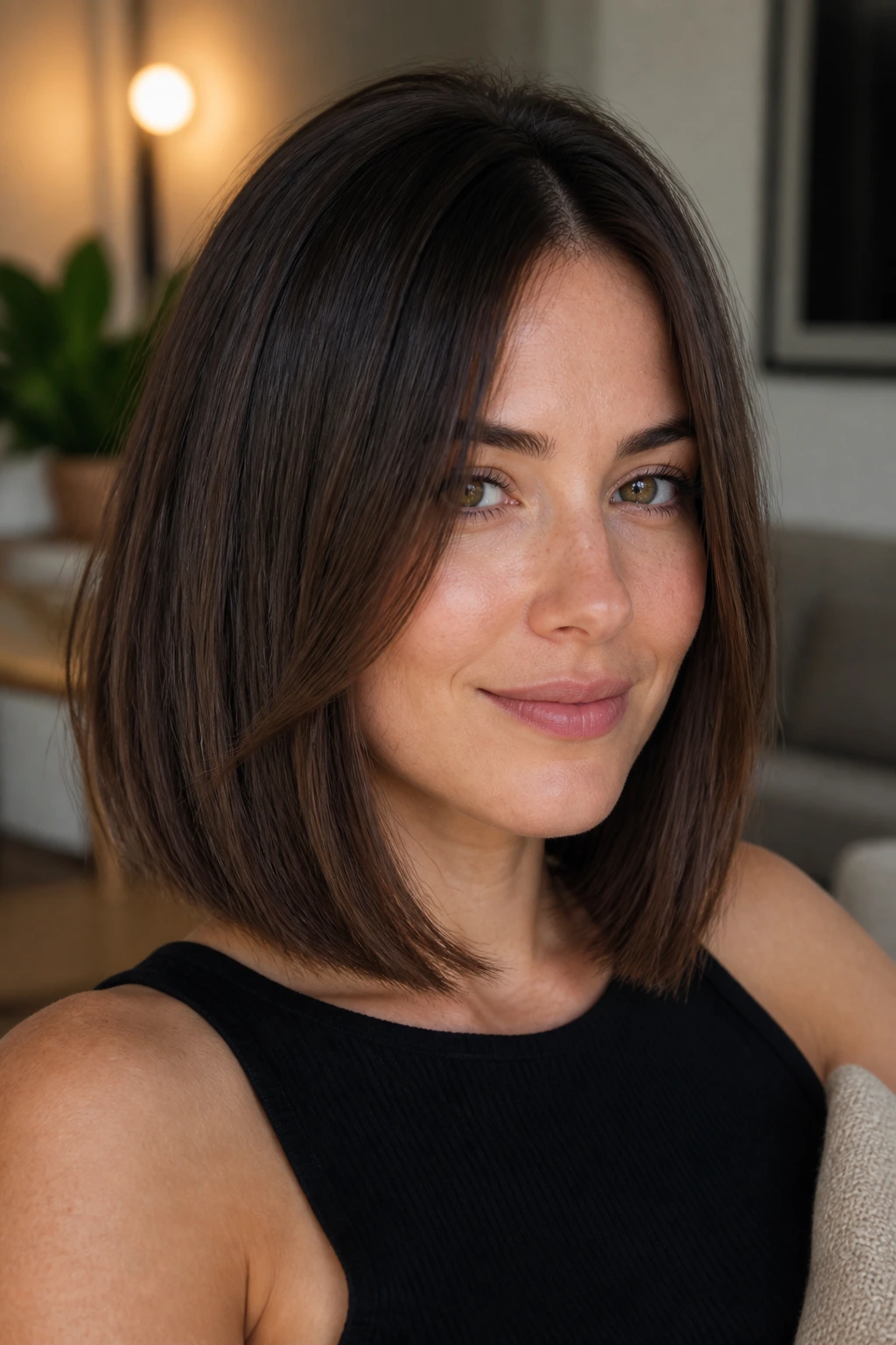 Close-up of a real woman with an invisible-layer blunt lob