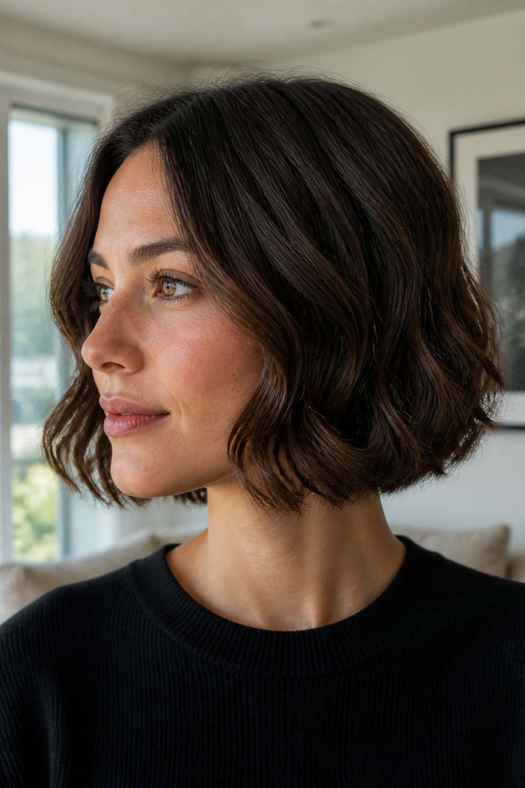 Real woman wearing an invisible-layer bob with hidden layers