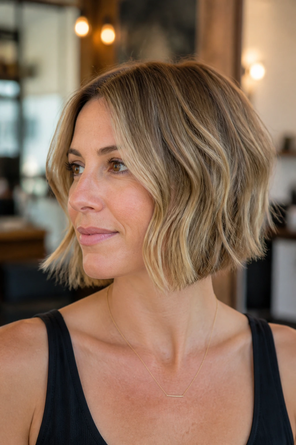 Close-up portrait of a real woman with an invisible-layer bob and subtle texture.