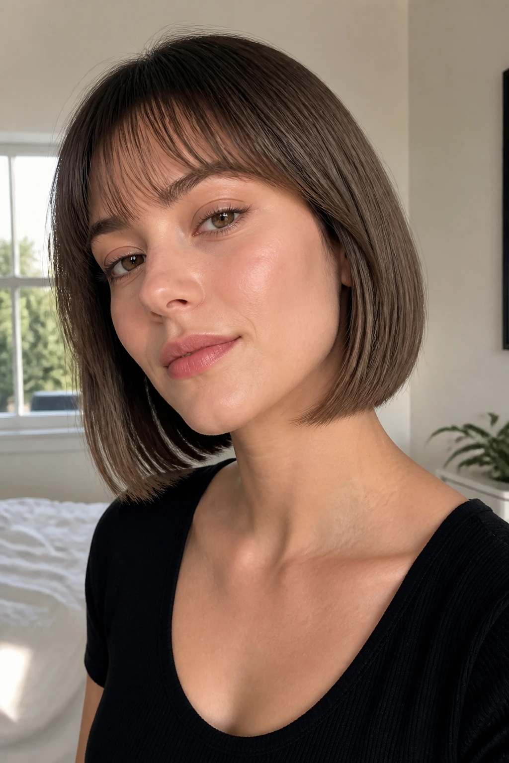 Close-up portrait of a real woman with invisible-layer A-Line Bob and Barely-There bangs