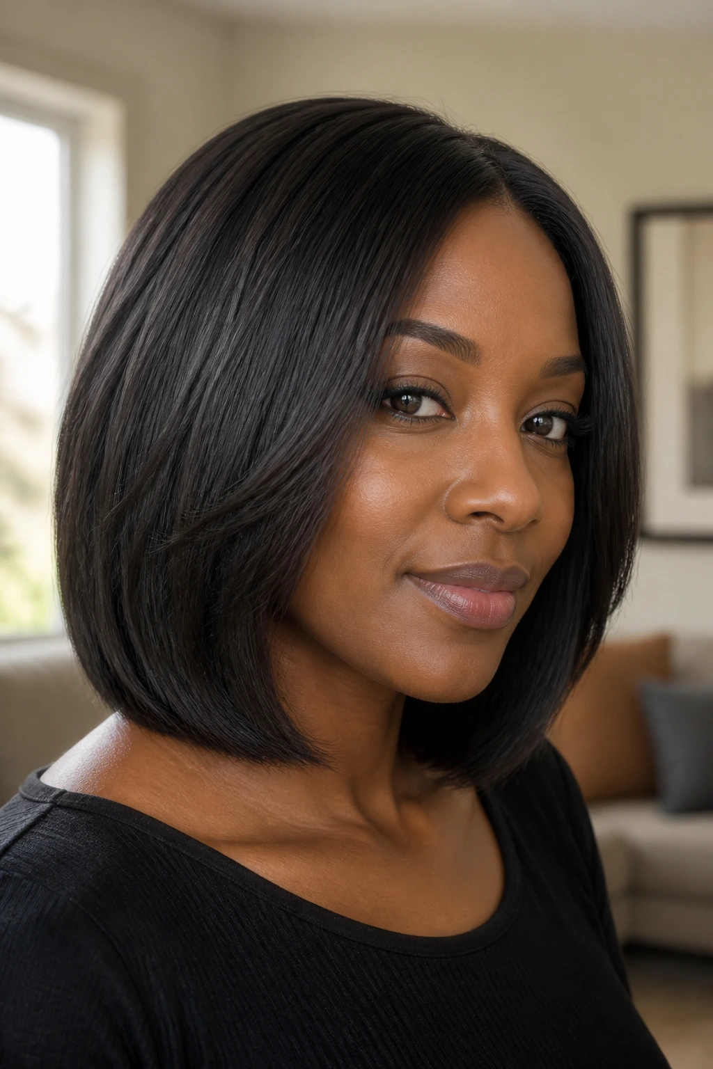 Portrait of a real Black woman with an invisible-layer bob showing inner layering and a blunt perimeter.