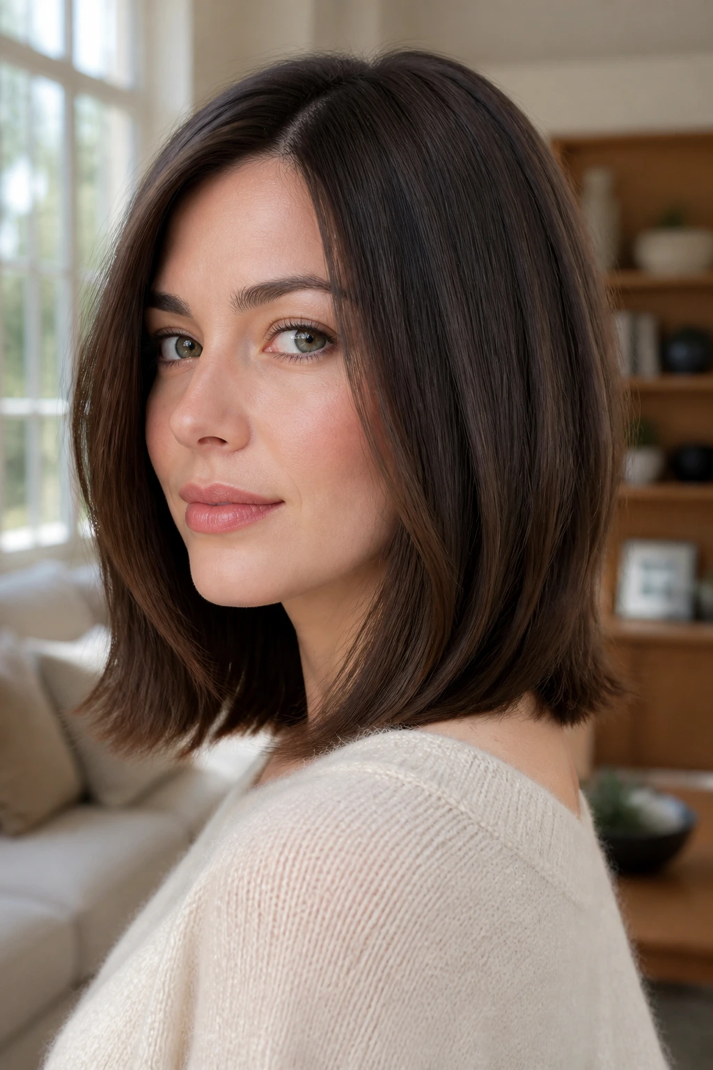 Close-up portrait of a real woman with an invisible-layer bob and fuller hem in natural window light