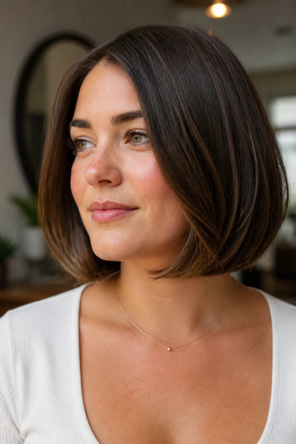 Close-up of real woman with Invisible-Layer Bob showing hidden interior layers