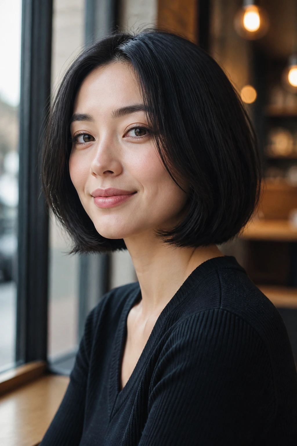 Close-up portrait of a real woman with invisible-layer bob showing subtle interior layers
