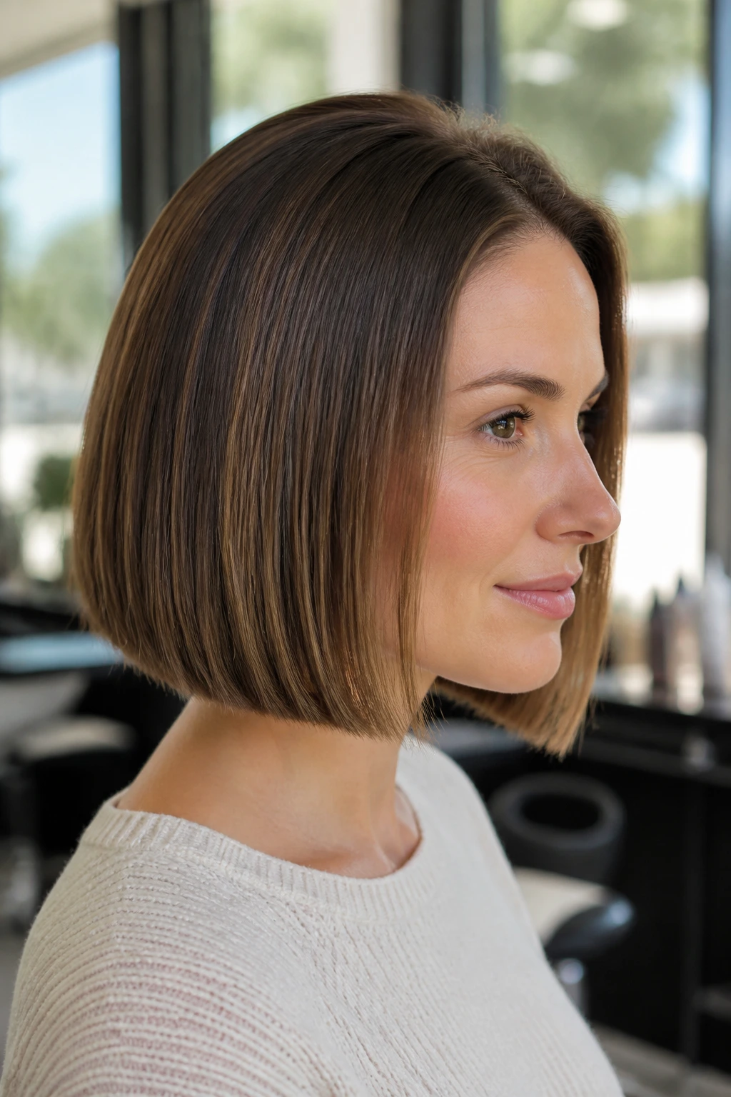 Portrait of a woman with invisible-layer bob showing subtle layers.