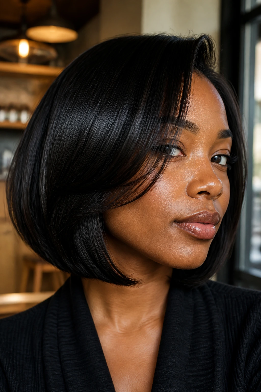 Close-up portrait of a real Black woman with an invisible-layer bob showing subtle layering