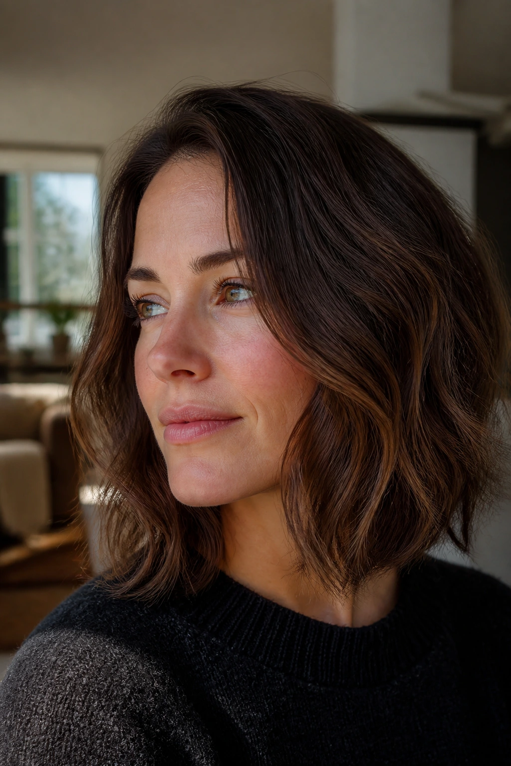 Close-up portrait of a real woman with invisible-layer bob showing lifted crown and even length