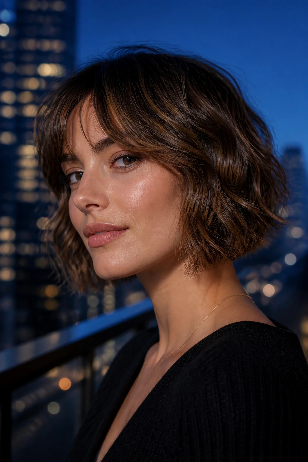 Close-up portrait of a real woman with subtle invisible layers in the bob
