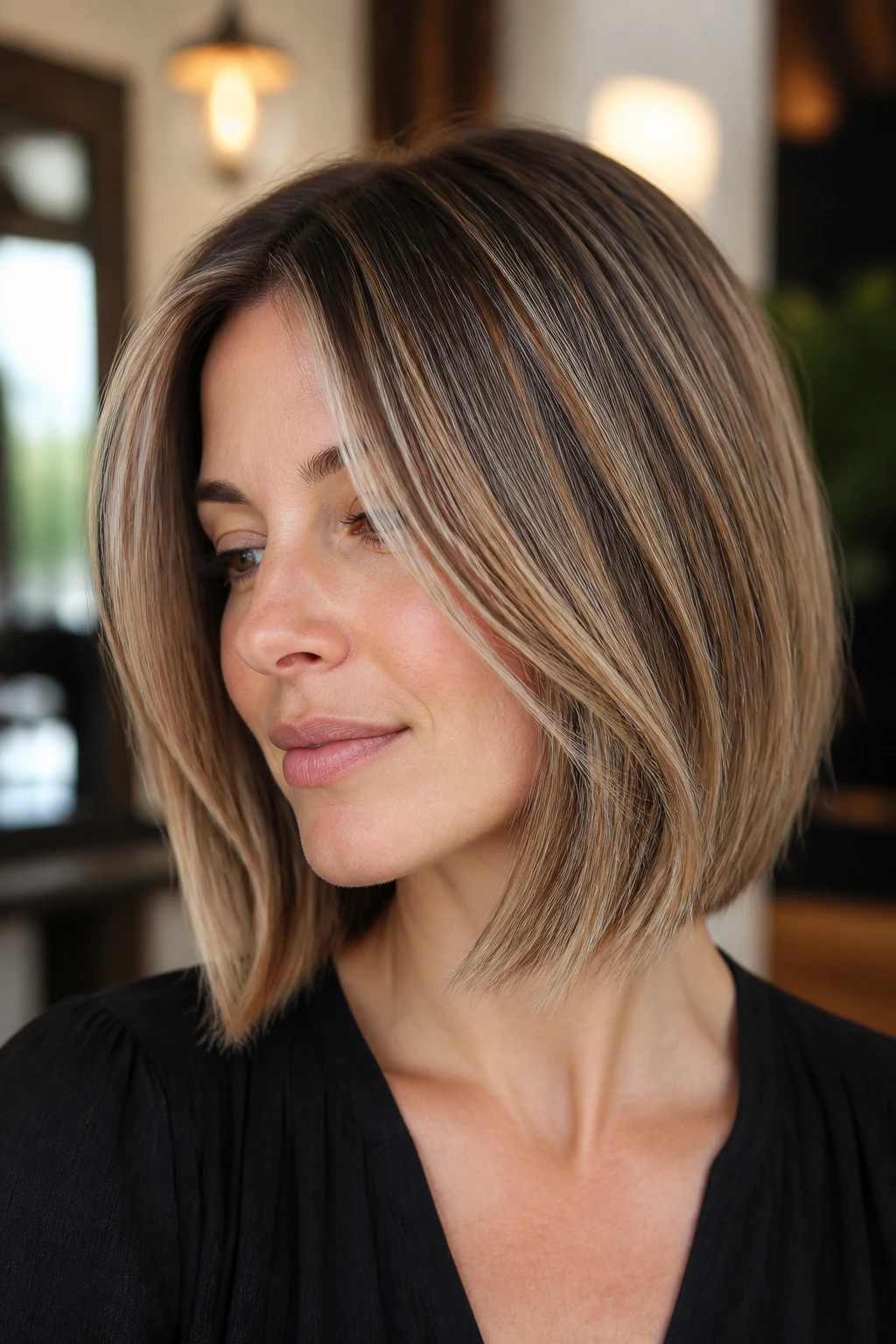 Close-up of a real woman with an invisible-layer bob and smoky honey depth in dark blonde hair