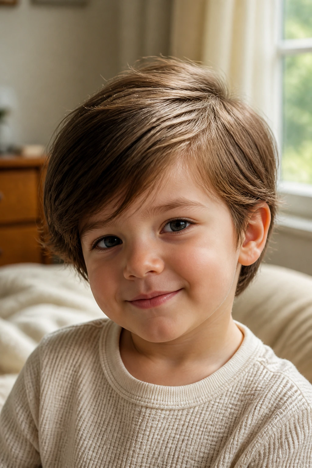 Close-up of a toddler boy with an invisible-layer bob and soft side part in a cozy bedroom.