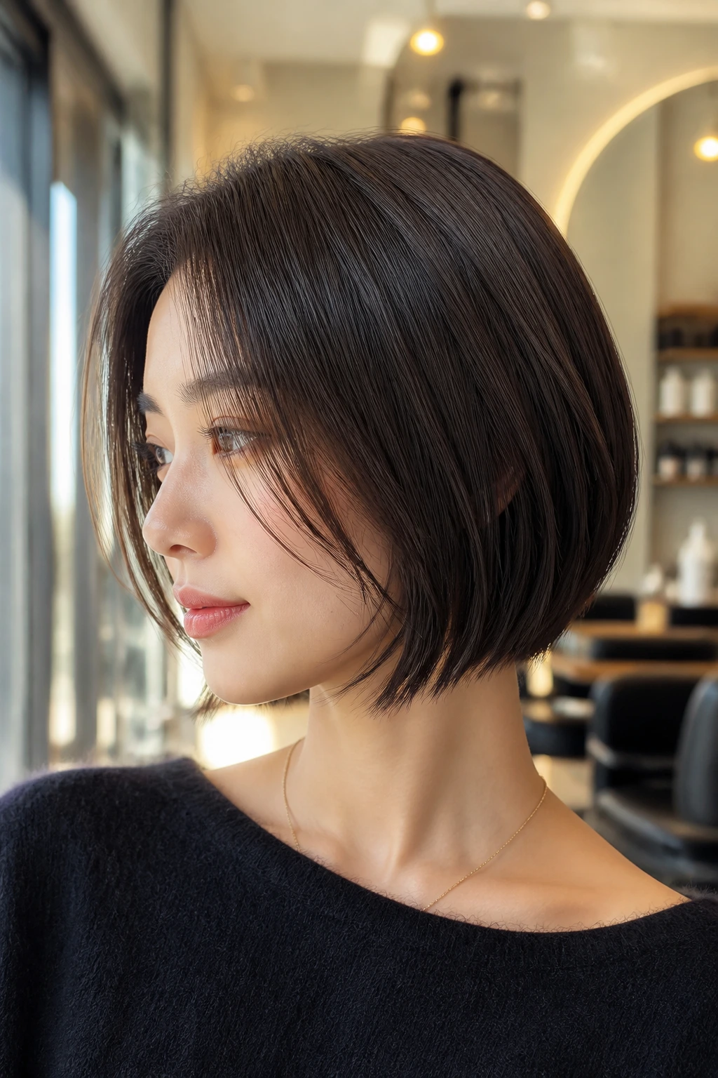 Close-up portrait of a real woman with an invisible-layer bob on straight hair in a salon.