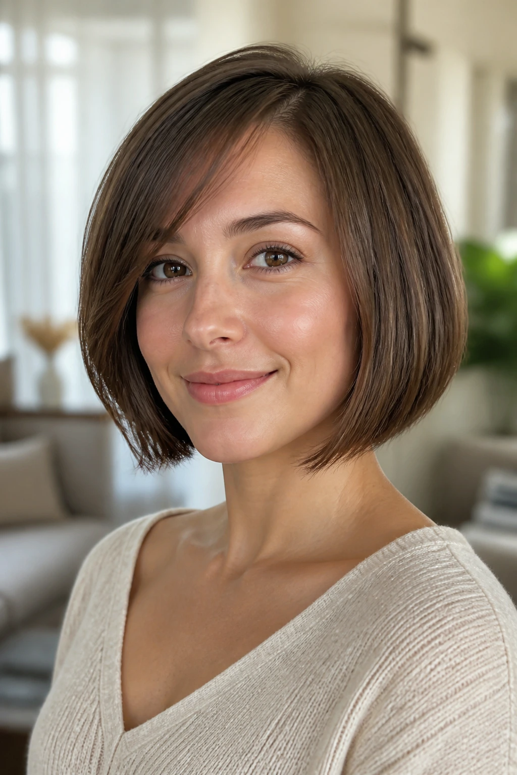 Close-up portrait of a real woman with an invisible-layer bob showing a full silhouette without visible layers.