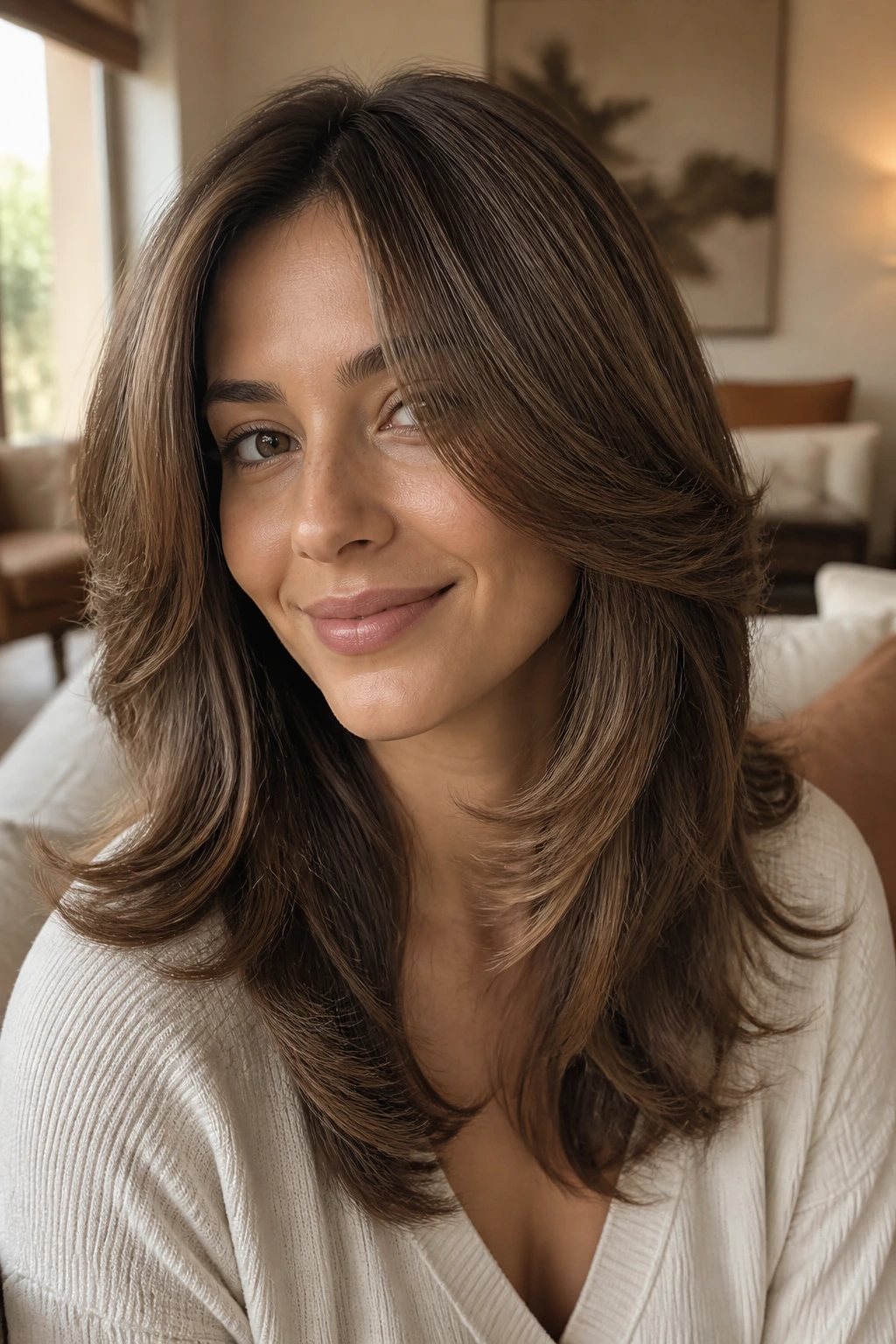 Close-up portrait of a real woman with invisible layer butterfly hairstyle for density.